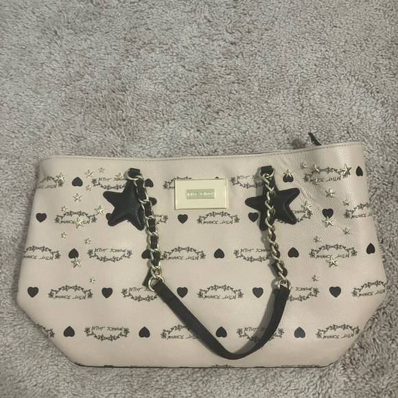 Betsey Johnson Handbags - Betsey Johnson Cream and Black Shoulder Bag with stars, hearts & Monogram Design